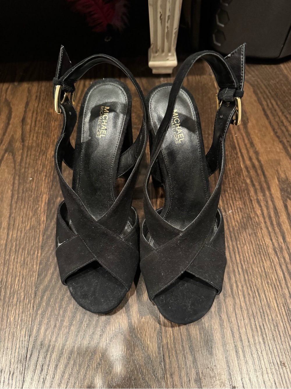 Michael Kors Black Suede Crisscross Slingback Heels with Gold Buckles